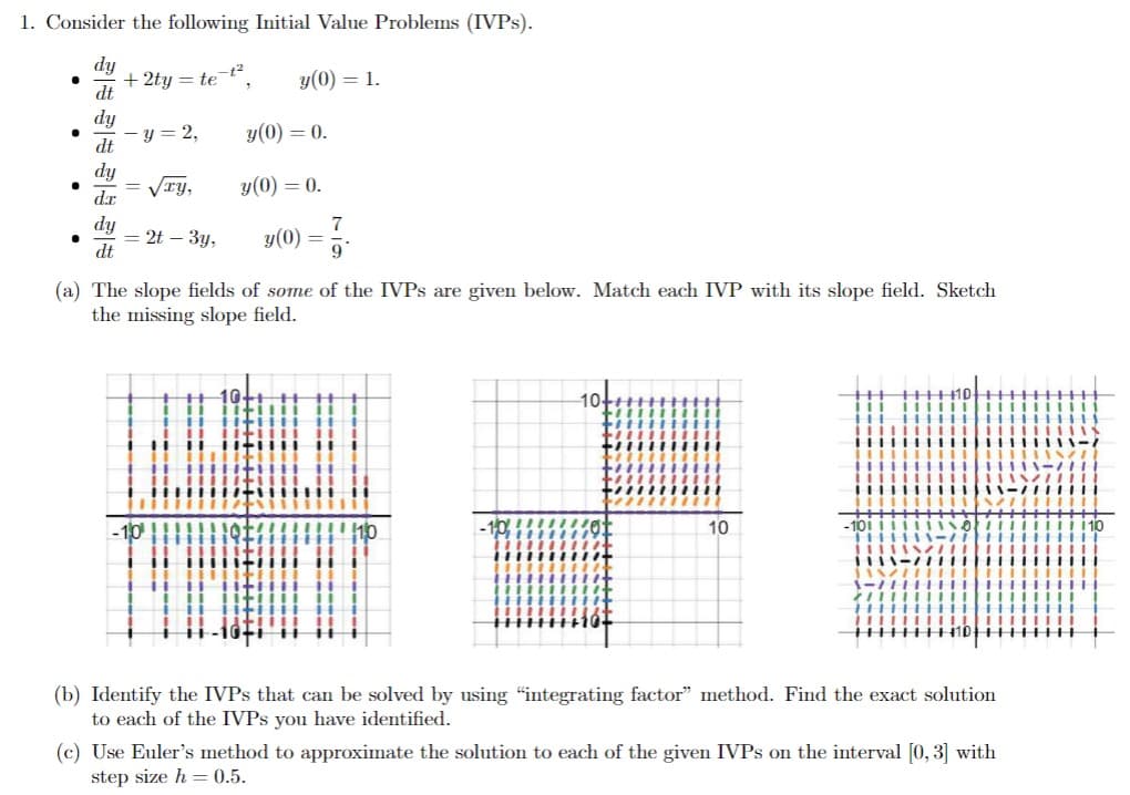 1. Consider the following Initial Value Problems (IVPS).
dy
dt
dy
dt
dy
dr
dy
dt
+2ty=te-t². y(0) = 1.
y(0) = 0.
y (0) = 0.
y = 2,
√IY,
= 2t - 3y,
y(0) =
7
9
(a) The slope fields of some of the IVPS are given below. Match each IVP with its slope field. Sketch
the missing slope field.
10
(b) Identify the IVPs that can be solved by using "integrating factor" method. Find the exact solution
to each of the IVPS you have identified.
(c) Use Euler's method to approximate the solution to each of the given IVPs on the interval [0, 3] with
step size h = 0.5.
10