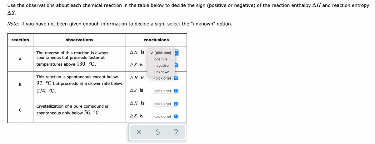 Use the observations about each chemical reaction in the table below to decide the sign (positive or negative) of the reaction enthalpy AH and reaction entropy
AS.
Note: if you have not been given enough information to decide a sign, select the "unknown" option.
reaction
observations
conclusions
ΔΗ is
v (pick one)
The reverse of this reaction is always
spontaneous but proceeds faster at
A
positive
temperatures above 130. °C.
As is
negative
unknown
This reaction is spontaneous except below
ΔΗ is
(pick one)
В
97. °C but proceeds at a slower rate below
174. °C.
As is
(pick one)
ΔΗ is
(pick one) O
Crystallization of a pure compound is
C
spontaneous only below 56. °C.
AS is
(pick one) O
