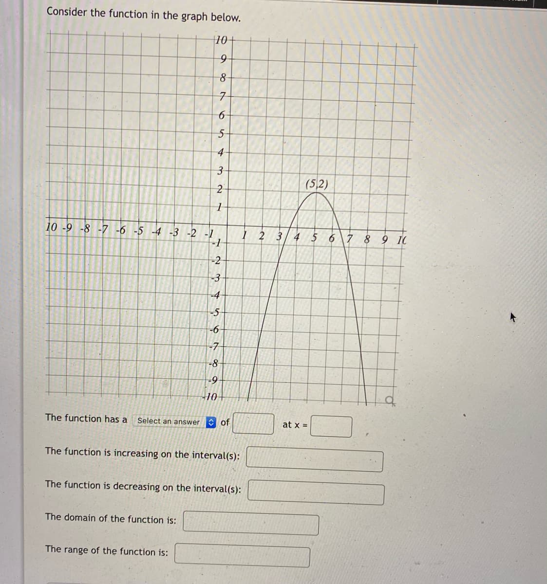 Consider the function in the graph below.
10+
7-
6-
5-
4
(5,2)
10 -9 -8 -7 -6 -5 -4 -3 -2 -1
3
4 5
6.
8 9 10
-1
-2
-3-
-4-
-5
-6
-7-
-8-
The function has a
Select an answer
of
at x =
The function is increasing on the interval(s):
The function is decreasing on the interval(s):
The domain of the function is:
The range of the function is:
ミ9 o
