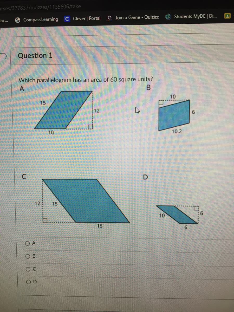 Which parallelogram has an area of 60 square units?
10
15
:12
10
10.2
D
12
15
10
6.
15
6.
