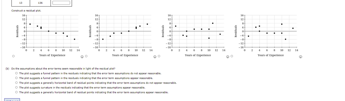 13
136
Construct a residual plot.
16
16
16
16
12
12
12-
12
8.
8
8-
8
4
4
4
4
-4
-4
-4
-4
-8-
-8-
-12-
-8
-8
-12
-12
-12
-16
-16
-16
-16
o 2 4 6 8 10
0 2 4 6 8 10
0 2
0 2
12
14
12
14
4 6 8 10
12
14
4 6 8
10
12
14
Years of Experience
Years of Experience
Years of Experience
Years of Experience
(b) Do the assumptions about the error terms seem reasonable in light of the residual plot?
O The plot suggests a funnel pattern in the residuals indicating that the error term assumptions do not appear reasonable.
O The plot suggests a funnel pattern in the residuals indicating that the error term assumptions appear reasonable.
O The plot suggests a generally horizontal band of residual points indicating that the error term assumptions do not appear reasonable.
O The plot suggests curvature in the residuals indicating that the error term assumptions appear reasonable.
O The plot suggests a generally horizontal band of residual points indicating that the error term assumptions appear reasonable.
