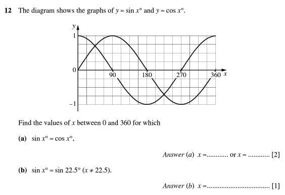 12 The diagram shows the graphs of y = sin x° and y = cos x.
!3!
90
180
270
360 x
Find the values of x between 0 and 360 for which
(a) sin x° = cos x°,
Answer (a) x =.. . or x = . .
[2]
(b) sin x° = sin 22.5° (x + 22.5).
Answer (b) x =.
[1]
