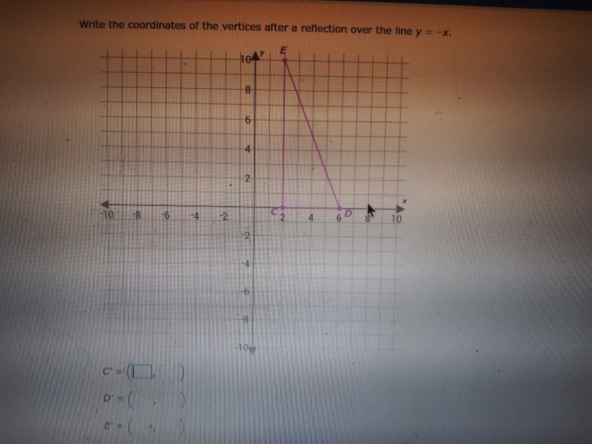 Write the coordinates of the vertices after a reflection over the line y = -x.
104
8-
4
2.
-4
-2
4
6.
10
2,
-4
10%
