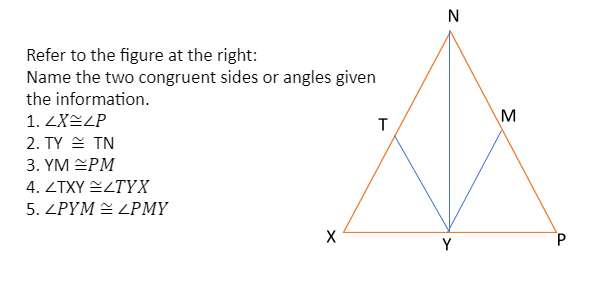 N
Refer to the figure at the right:
Name the two congruent sides or angles given
the information.
1.ZX스ZP
M
T
2. TY 쓴 TN
3. YM SPM
4. ZTXY ZTYX
5.LPYM 쓸 ZPMY
Y
P.
