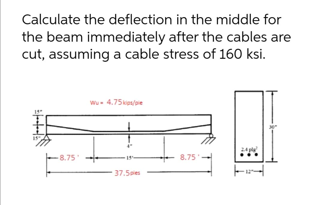 Calculate the deflection in the middle for
the beam immediately after the cables are
cut, assuming a cable stress of 160 ksi.
Wu = 4.75kips/pie
15"
30"
15"
2.4 plg
8.75
15'
8.75
37.5pies
