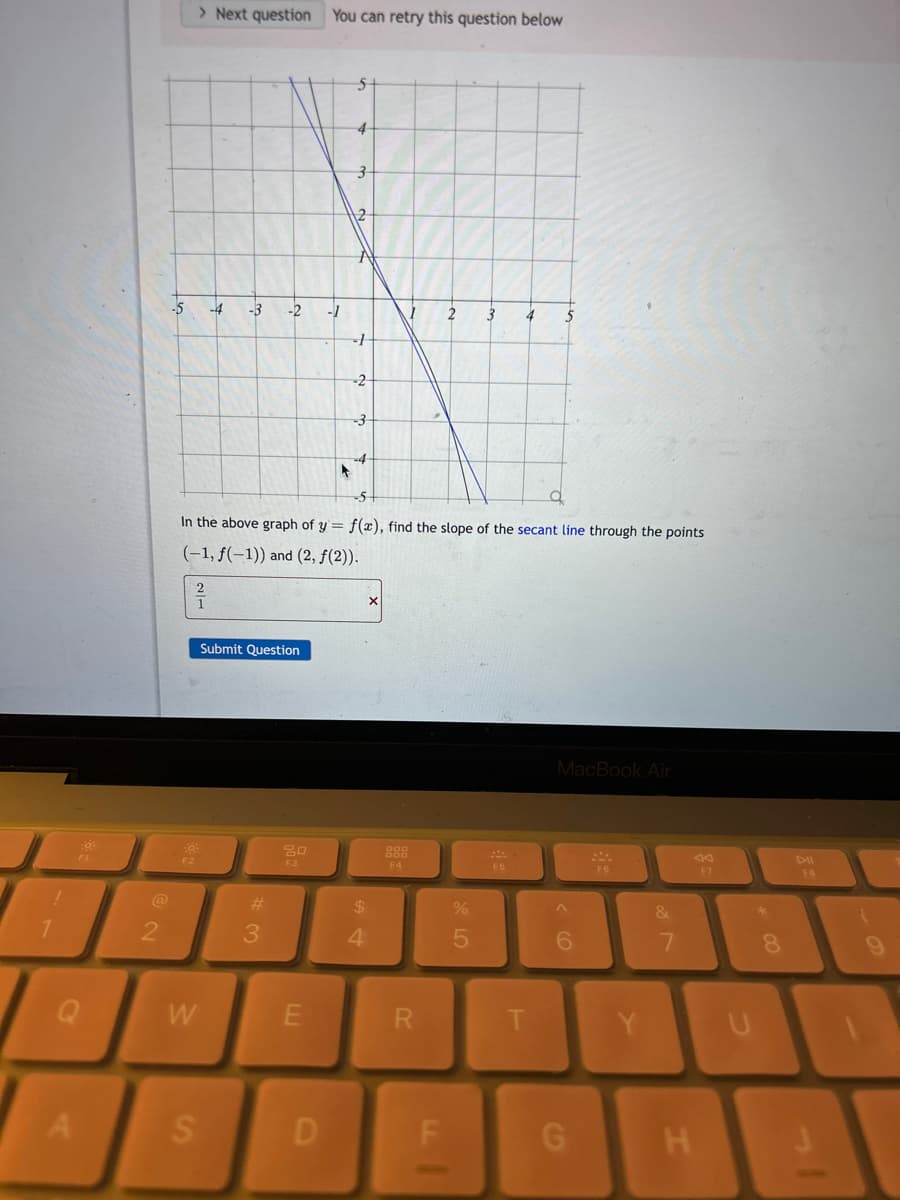 F1
A
@
2
-5
F2
> Next question You can retry this question below
2
W
-4 -3 -2 -1
S
Submit Question
#
3
20
F3
-5+
a
In the above graph of y = f(x), find the slope of the secant line through the points
(-1, f(-1)) and (2, f(2)).
E
5
D
3
J
-2
-3
$
4
X
000
DOD
F4
R
2
F
do 50
3
%
4
20
F5
5
T
MacBook Air
6
G
F6
Y
&
7
44
H
F7
*
8
00
DII
FB
J