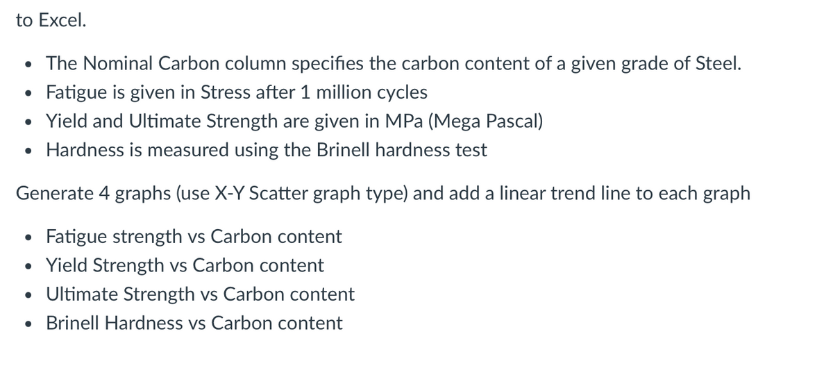 to Excel.
• The Nominal Carbon column specifies the carbon content of a given grade of Steel.
Fatigue is given in Stress after 1 million cycles
• Yield and Ultimate Strength are given in MPa (Mega Pascal)
• Hardness is measured using the Brinell hardness test
Generate 4 graphs (use X-Y Scatter graph type) and add a linear trend line to each graph
• Fatigue strength vs Carbon content
• Yield Strength vs Carbon content
• Ultimate Strength vs Carbon content
• Brinell Hardness vs Carbon content
●