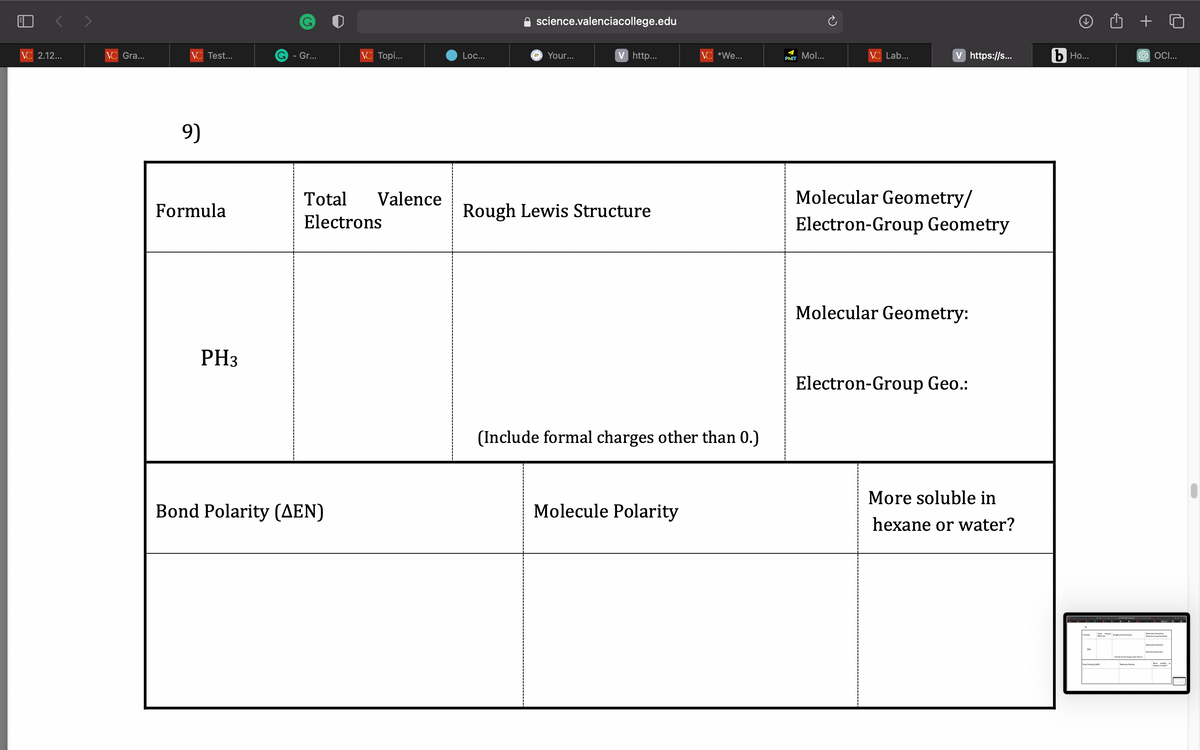 VC 2.12...
VC Gra...
VC Test...
9)
Formula
PH3
G - Gr...
VC Topi...
Total Valence
Electrons
Bond Polarity (AEN)
Loc...
science.valenciacollege.edu
a Your...
V http...
Rough Lewis Structure
VC *We...
(Include formal charges other than 0.)
Molecule Polarity
PHET Mol...
VC Lab...
V https://s...
Molecular Geometry/
Electron-Group Geometry
Molecular Geometry:
Electron-Group Geo.:
More soluble in
hexane or water?
b Ho...
SIF
Rough wit
+
SOCI...
Eletro-Group Geometry