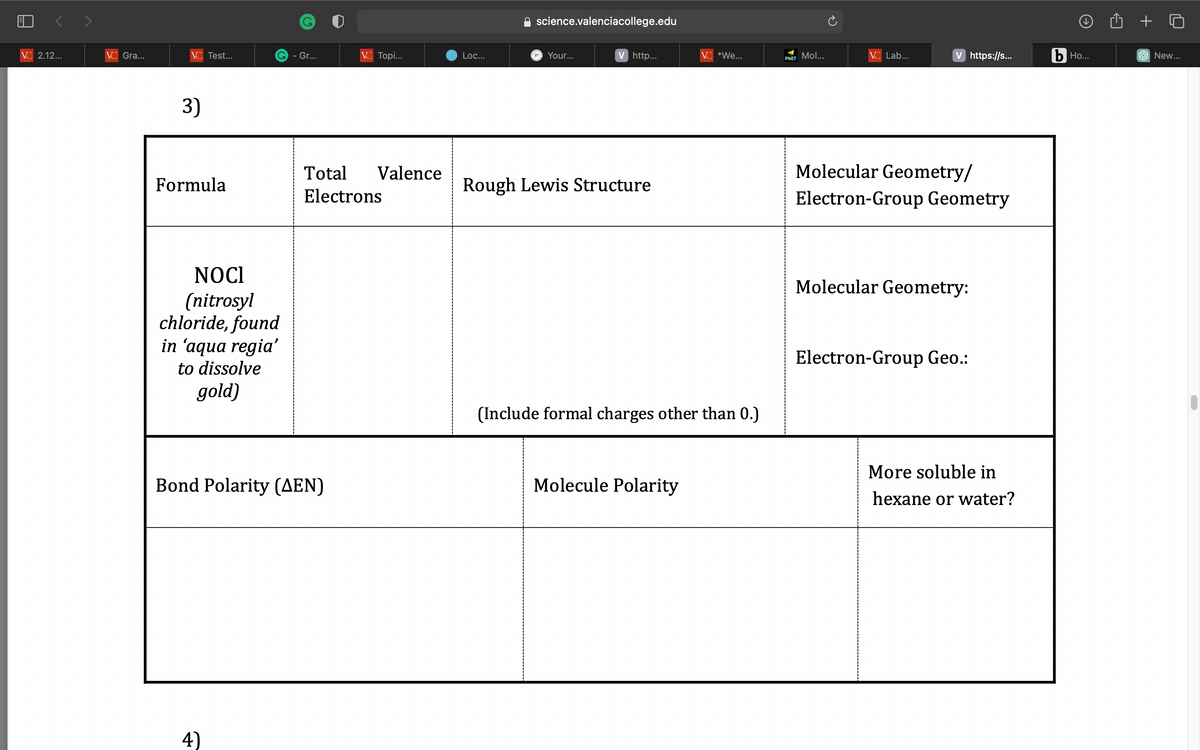 VC 2.12...
VC Gra...
VC Test...
3)
Formula
NOCI
(nitrosyl
G - Gr...
chloride, found
in 'aqua regia'
to dissolve
gold)
4)
Bond Polarity (AEN)
VC Topi...
Total Valence
Electrons
Loc...
science.valenciacollege.edu
a
Your...
V http...
Rough Lewis Structure
VC *We...
(Include formal charges other than 0.)
Molecule Polarity
PHET Mol...
VC Lab...
V https://s...
Molecular Geometry/
Electron-Group Geometry
Molecular Geometry:
Electron-Group Geo.:
More soluble in
hexane or water?
b Ho...
+
New...
I