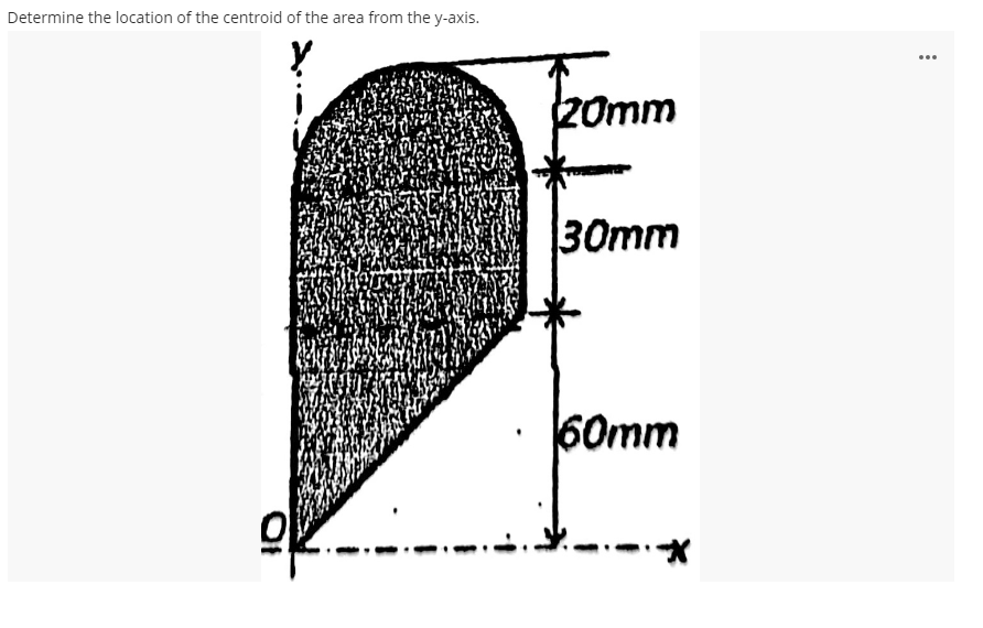 Determine the location of the centroid of the area from the y-axis.
...
20mm
30mm
60mm
