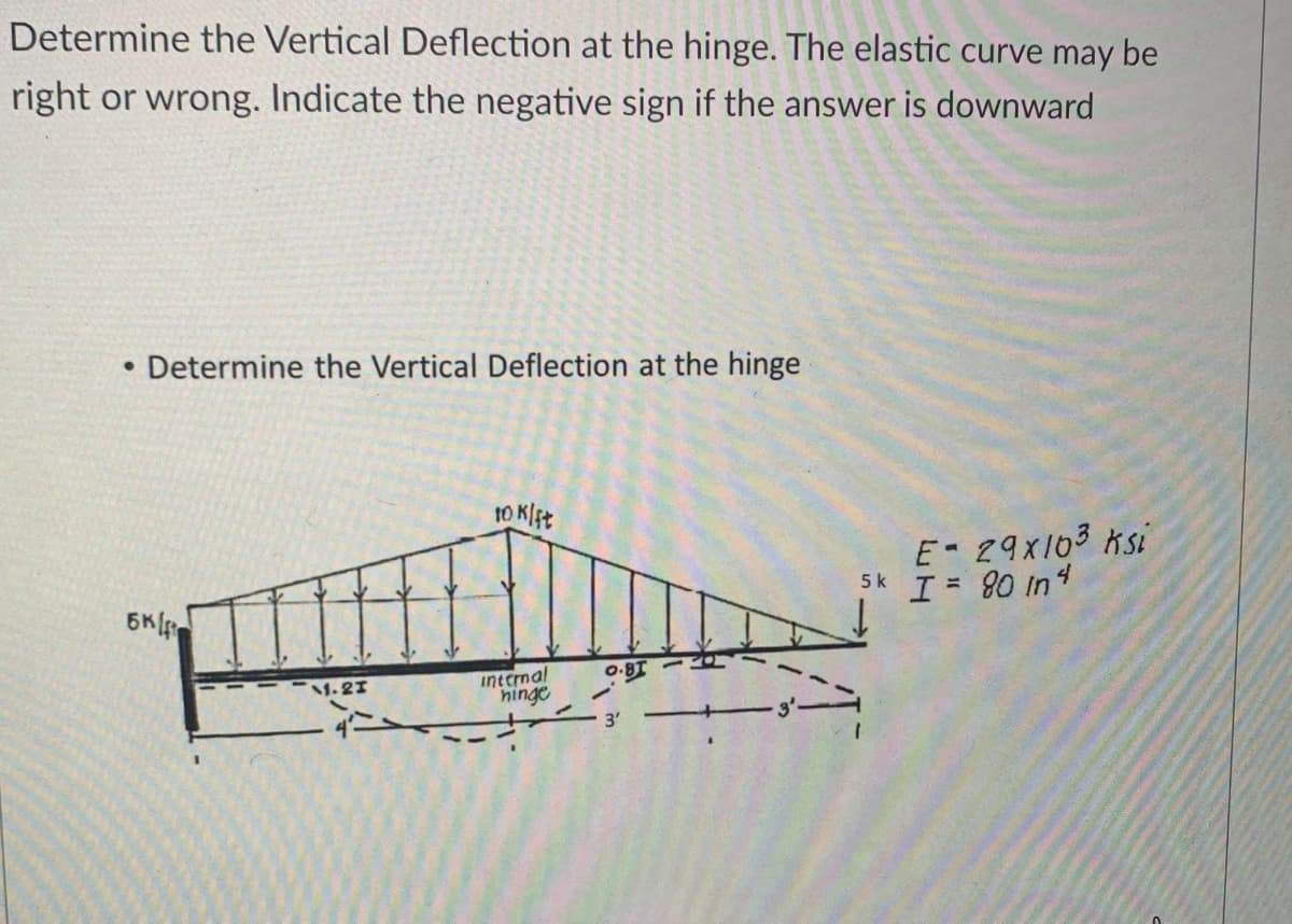 Determine the Vertical Deflection at the hinge. The elastic curve may be
right or wrong. Indicate the negative sign if the answer is downward
Determine the Vertical Deflection at the hinge
1O Kt
E 29X103 Ksi
I= 80 in4
5 k
6K
O-8T
internal
hinge
ー.2エ
3'
