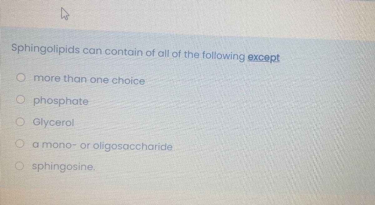 Sphingolipids can contain of all of the following except
O more than one choice
O phosphate
O Glycerol
O a mono- or oligosaccharide
Osphingosine.
