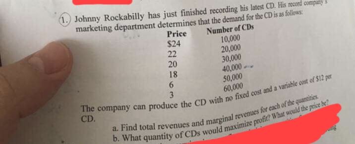 ### Demand and Revenue Analysis for Johnny Rockabilly's Latest CD

Johnny Rockabilly has just finished recording his latest CD. His record company's marketing department has determined the demand for the CD as follows:

| **Price** | **Number of CDs** |
|-----------|-------------------|
| $24       | 10,000            |
| $22       | 20,000            |
| $20       | 30,000            |
| $18       | 40,000            |
| $6        | 50,000            |
| $3        | 60,000            |

The company can produce the CD with no fixed cost and a variable cost of $12 per CD.

**Tasks:**
1. **Find total revenues and marginal revenues for each of the quantities.**
2. **Determine the quantity of CDs that would maximize profit.**

**Instructions for Analysis**

**a. Finding Total Revenues and Marginal Revenues:**
- Total Revenue (TR) can be calculated using the formula:
\[ \text{Total Revenue} = \text{Price} \times \text{Quantity Sold} \]

- Marginal Revenue (MR) is the change in total revenue resulting from selling one more unit of the product:
\[ \text{Marginal Revenue} = \frac{\Delta \text{Total Revenue}}{\Delta \text{Quantity}} \]

**b. Maximizing Profit:**
- To find the quantity of CDs that maximizes profit, calculate the profit for each quantity. Profit (π) is given by:
\[ \text{Profit} = \text{Total Revenue} - \text{Total Cost} \]
where,
\[ \text{Total Cost} = \text{Variable Cost} \times \text{Quantity Sold} \]

Since there are no fixed costs, the total cost only includes variable costs.

In this analysis, you can determine at which level of output (quantity of CDs produced and sold) the profit is maximized by comparing the profits calculated for each price level provided in the table.