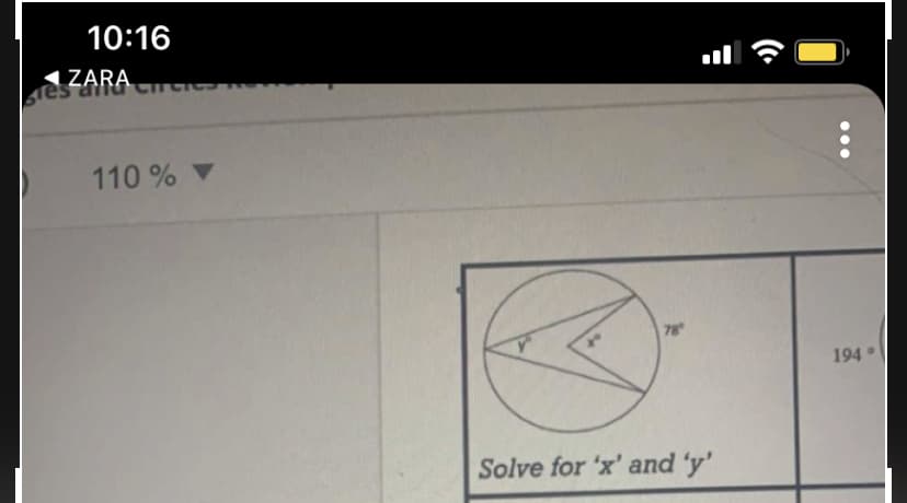 10:16
ZARA
110 % ▼
78
194
Solve for 'x' and 'y'
(•
