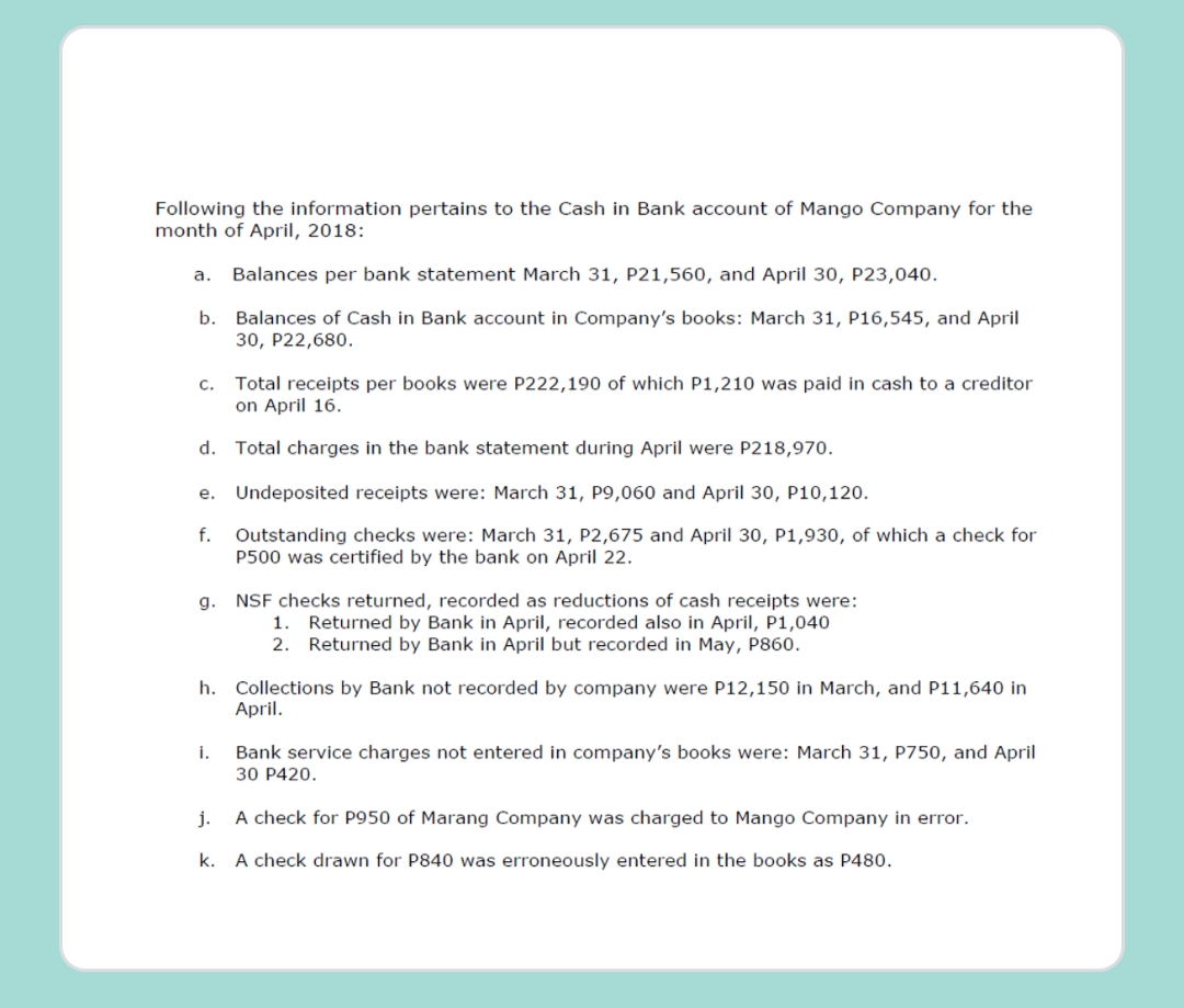 Following the information pertains to the Cash in Bank account of Mango Company for the
month of April, 2018:
a. Balances per bank statement March 31, P21,560, and April 30, P23,040.
b. Balances of Cash in Bank account in Company's books: March 31, P16,545, and April
30, P22,680.
Total receipts per books were P222,190 of which P1,210 was paid in cash to a creditor
on April 16.
C.
d. Total charges in the bank statement during April were P218,970.
e. Undeposited receipts were: March 31, P9,060 and April 30, P10,120.
f.
Outstanding checks were: March 31, P2,675 and April 30, P1,930, of which a check for
P500 was certified by the bank on April 22.
NSF checks returned, recorded as reductions of cash receipts were:
1. Returned by Bank in April, recorded also in April, P1,040
2. Returned by Bank in April but recorded in May, P860.
g.
h. Collections by Bank not recorded by company were P12,150 in March, and P11,640 in
April.
i.
Bank service charges not entered in company's books were: March 31, P750, and April
30 P420.
j.
A check for P950 of Marang Company was charged to Mango Company in error.
k. A check drawn for P840 was erroneously entered in the books as P480.
