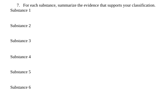 7. For each substance, summarize the evidence that supports your classification.
Substance 1
Substance 2
Substance 3
Substance 4
Substance 5
Substance 6