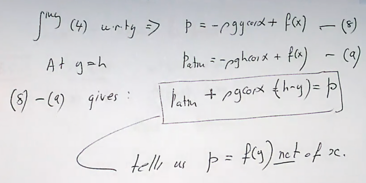 [ig (4) writy => p =- pggarx + f(x) — (8)
At gah
Patru = ~pghcoix + f(x) - (a)
(8) - (9) gives:
Patin + pgcorx (h~y) = po
tell us
p = f(y) net of x.