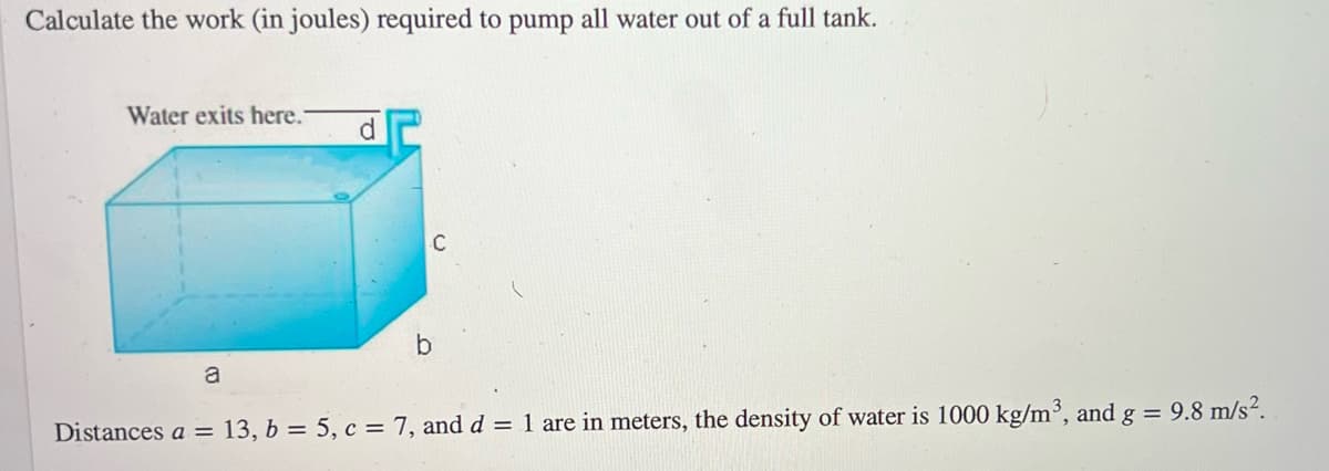 Calculate the work (in joules) required to pump all water out of a full tank.
Water exits here.
d
b
a
Distances a = 13, b = 5, c = 7, and d = 1 are in meters, the density of water is 1000 kg/m³, and g =
C
9.8 m/s².