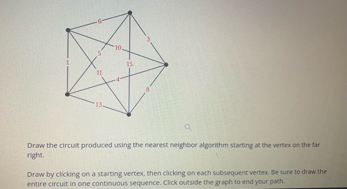 10.
15
11
8
13.
Draw the circuit produced using the nearest neighbor algorithm starting at the vertex on the far
right.
Draw by clicking on a starting vertex, then clicking on each subsequent vertex. Be sure to draw the
entire circuit in one continuous sequence. Click outside the graph to end your path.
