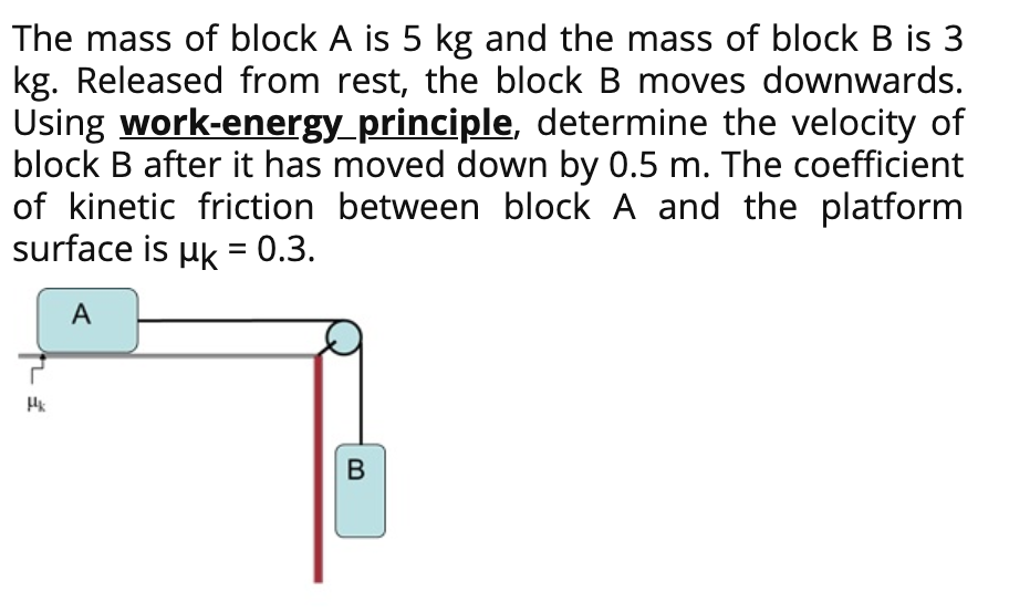 The mass of block A is 5 kg and the mass of block B is 3
kg. Released from rest, the block B moves downwards.
Using work-energy_principle, determine the velocity of
block B after it has moved down by 0.5 m. The coefficient
of kinetic friction between block A and the platform
surface is µk = 0.3.
A
В
