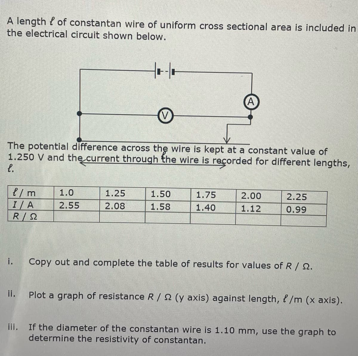 A length of constantan wire of uniform cross sectional area is included in
the electrical circuit shown below.
l/m
I/A
R / Ω
The potential difference across the wire is kept at a constant value of
1.250 V and the current through the wire is recorded for different lengths,
l.
1.0
2.55
H
1.25
2.08
1.50
1.58
A
1.75
1.40
2.00
1.12
2.25
0.99
Copy out and complete the table of results for values of R / 22.
Plot a graph of resistance R/ 2 (y axis) against length, l/m (x axis).
iii. If the diameter of the constantan wire is 1.10 mm, use the graph to
determine the resistivity of constantan.