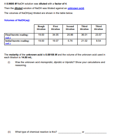 A 0.9600 M NaOH solution was diluted with a factor of 4.
Then the diluted solution of NaOH was fitrated against an unknown acid.
The volumes of NaOH(aq) Strated are shown in the table below.
Volumes of NaOH(aq):
Second
Third
Reugh
titration
Fist
titration
Third
titration
titration
titration
Final burette reading:
(ml)
Initial burette reading:
(ml.)
19.00
34.05
20.86
36.01
23.57
19.00
19.07
5.76
21.02
8.54
The molarity of the unknown acid is 0.08108 Mand the volume of the unknown acid used in
each titration is 14.80 mL
O Was the unknown acid monoprotic, điprotic or triprotic? Show your calculations and
reasoning.
(i)
What type of chemical reaction is this?
