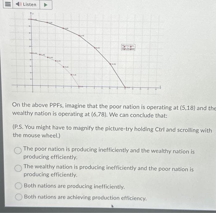 Listen
●0M
M
000
M
On the above PPFs, imagine that the poor nation is operating at (5,18) and the
wealthy nation is operating at (6,78). We can conclude that:
(P.S. You might have to magnify the picture-try holding Ctrl and scrolling with
the mouse wheel.)
The poor nation is producing inefficiently and the wealthy nation is
producing efficiently.
The wealthy nation is producing inefficiently and the poor nation is
producing efficiently.
Both nations are producing inefficiently.
Both nations are achieving production efficiency.