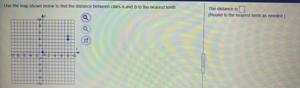 Use the map shown below to find the distance between cities A andB to the nearest tenth.
The distance is.
(Round to the nearest tenth as needed.)
Ay
10
TA
-10-8
