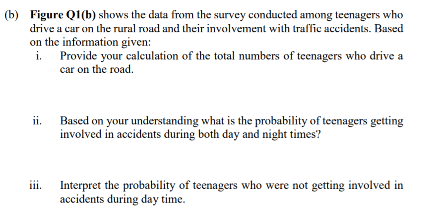 (b) Figure Q1(b) shows the data from the survey conducted among teenagers who
drive a car on the rural road and their involvement with traffic accidents. Based
on the information given:
Provide your calculation of the total numbers of teenagers who drive a
car on the road.
i.
ii.
Based on your understanding what is the probability of teenagers getting
involved in accidents during both day and night times?
iii.
Interpret the probability of teenagers who were not getting involved in
accidents during day time.
