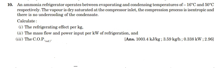 10. An ammonia refrigerator operates between evaporating and condensing temperatures of – 16°C and 50°C
respectively. The vapour is dry saturated at the compressor inlet, the compression process is isentropic and
there is no undercooling of the condensate.
Calculate :
(i) The refrigerating effect per kg,
(i) The mass flow and power input per kW of refrigeration, and
(iii) The C.O.P.,
[Ans. 1003.4 kJ/kg; 3.59 kg/h; 0.338 kW ; 2.96]
"(ref.)"
