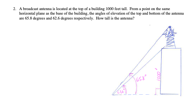 2. A broadcast antenna is located at the top of a building 1000 feet tall. From a point on the same
horizontal plane as the base of the building, the angles of elevation of the top and bottom of the antenna
are 65.8 degrees and 62.6 degrees respectively. How tall is the antenna?
65.80
