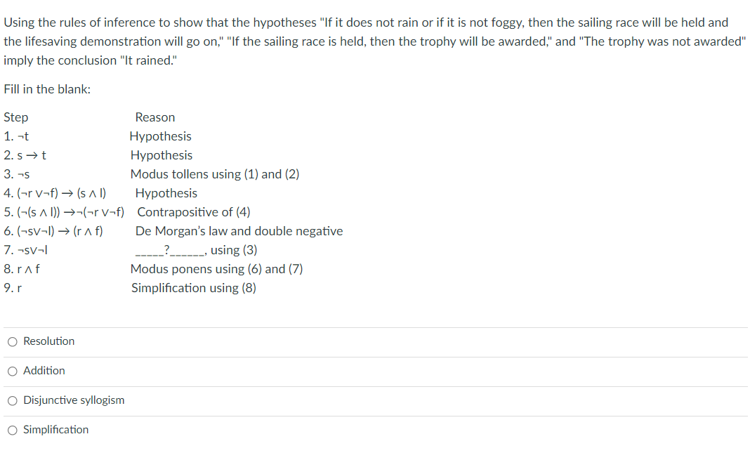 Using the rules of inference to show that the hypotheses "If it does not rain or if it is not foggy, then the sailing race will be held and
the lifesaving demonstration will go on," "If the sailing race is held, then the trophy will be awarded," and "The trophy was not awarded"
imply the conclusion "It rained."
Fill in the blank:
Step
Reason
1. -t
Hypothesis
2. s → t
Hypothesis
3. -s
Modus tollens using (1) and (2)
4. (¬r v¬f) → (s l)
Hypothesis
5. (-(s a 1)) →¬(¬r v¬f) Contrapositive of (4)
6. (-sv¬I) → (r ^ f)
7. -sv-l
De Morgan's law and double negative
? _, using (3)
8. raf
Modus ponens using (6) and (7)
9. r
Simplification using (8)
O Resolution
O Addition
O Disjunctive syllogism
O Simplification
