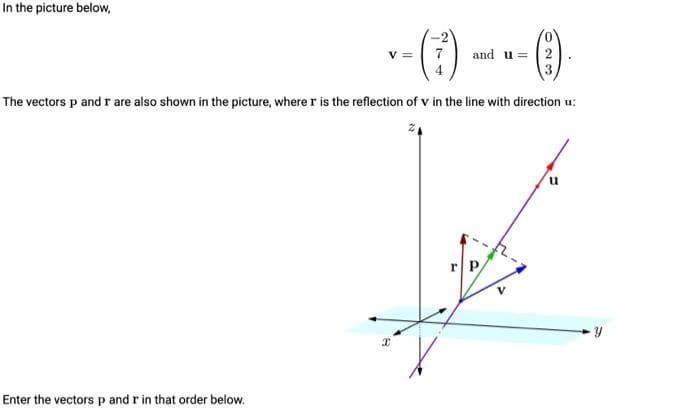 In the picture below,
✓- (1) and (3).
V= 7
u =
The vectors p and r are also shown in the picture, where r is the reflection of v in the line with direction u:
Enter the vectors p and r in that order below.
I
X
r P
u