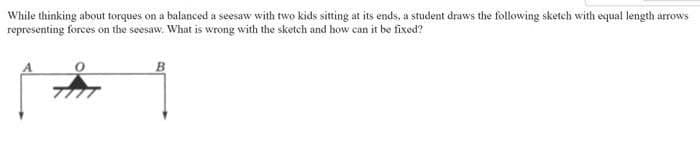 While thinking about torques on a balanced a seesaw with two kids sitting at its ends, a student draws the following sketch with equal length arrows
representing forces on the seesaw. What is wrong with the sketch and how can it be fixed?
B
