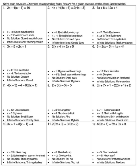 Solve each equation. Draw the corresponding facial feature for a given solution on the blank face provided.
1. 2x-4(x-1) = 10
|2. 4x + V48x + 6) = 2(4x + 3) 3. 6x + 8 = 12x +4
x=0: Eyeballs lookingup
• X-4: Eyeballs looking down
No Solution: Cosaed Eyes
• Infinite Solutions: Cosed Eyes
5. 2(x + 4) =2x +5
x-3: Open mouth smile
X=3: dosed mouth smile
No Solution: Cosed mouth frown
x=7: Thick Eyebrows
x-2/3: Thin Eyebrows
No Solution: Thin eyedashes
Infinite Solutions Thick eyelashes
6. 6+2(x-5) + 4x = 44
Infinite Solutions: Yawning mouth
4. 3x +5 =2x +1
X= 4: Thin mustache
x=1: Bgearswith earrings
• x=4/9: Snall earswith earrings
X= 10: Face Wrinkles
X=8: Dimples
X=4: Thick mustache
No Solution: Goatee
No Solution: Small ears
No Solution: Mole on forehead
Infinite Solutions: Beard
• Infinite Solutions: Bgears
Infinite Solutions Mole on chin
7. 4(x + 3) – 4 = 8(Vx+ 1)
8. 2+3(x-5) =5
9. 3x+7x+1=2(5x + 1) +2
x=3/8: Long Hair
• x=6: 9hort arly Hair
No Solution: Alro
x=1: Turtleneck shirt
x= 12: hirt with longtie
No Solution: Shirt with bowtie
x= 12: Cooked nose
X=0 Bg Nose
No Solution: SmalI Nose
Infinite Solutions: Pointy Nose
10.3x +1 = 3(x– 1) +4
Infirite Solutions: Rgtails
11.2(3x + 3) = 3(2x + 2)
Infinite Solutions Vreck shirt
12. 4(2x + 1) = 5x + 3x +9
x=6/8: Nose ring
X=2: Lightning bolt scar on forehead
No Solution: Thidk eyelashes
Infinite Solutions: Thin eyelashes• Infinite Solutions: Top hat
x=0: Baseball cap
X-2: Cowboy hat
• No Solution: Tall hat
x=5: Sar on cheook
• x-5: Neck scarf
No Solution: Forehead wrinkles
Intinite Solutions Freckles
