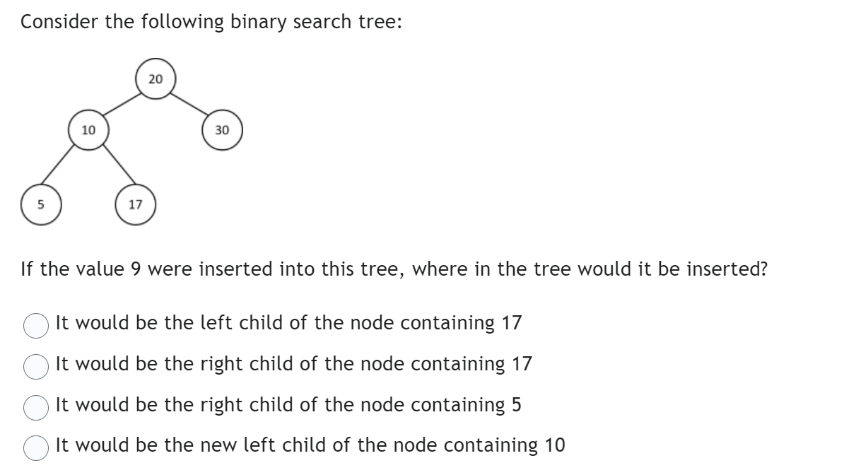 Consider the following binary search tree:
5
10
17
20
30
If the value 9 were inserted into this tree, where in the tree would it be inserted?
○ It would be the left child of the node containing 17
It would be the right child of the node containing 17
It would be the right child of the node containing 5
It would be the new left child of the node containing 10