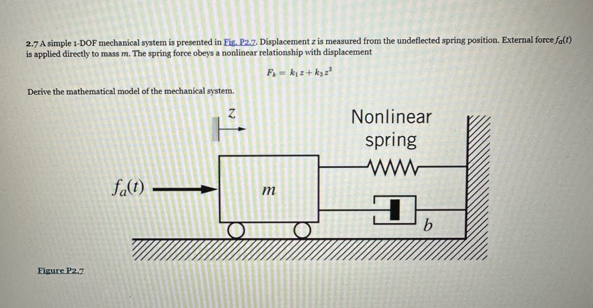 2.7 A simple 1-DOF mechanical system is presented in Fig. P2.7. Displacement z is measured from the undeflected spring position. External force fa(t)
is applied directly to mass m. The spring force obeys a nonlinear relationship with displacement
Fk = k₁z+k3 2³
Derive the mathematical model of the mechanical system.
Figure P2.7
fa(t)-
Z
m
Nonlinear
spring
www
b