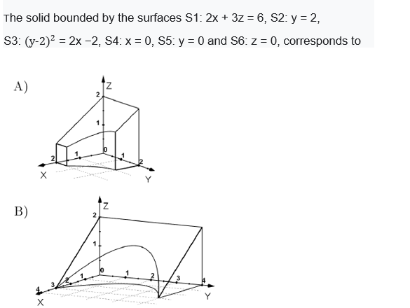 The solid bounded by the surfaces S1: 2x + 3z = 6, S2: y = 2,
S3: (y-2)2 = 2x -2, S4: x = 0, S5: y = 0 and S6: z = 0, corresponds to
A)
z.
B)
