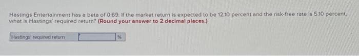 Hastings Entertainment has a beta of 0.69. If the market return is expected to be 12.10 percent and the risk-free rate is 5.10 percent.
what is Hastings' required return? (Round your answer to 2 decimal places.)
Hastings' required return