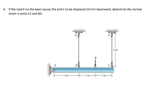 4. If the load P on the bean causes the end C to be displaced 10 mm downward, determine the normal
strain in wires CE and BD.
4m
3m-
2m-2m
