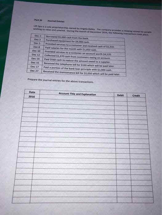 Part
Journal Entries
Lift Spa is a sole proprietorship owned by Angela Bailey. The company provides a relaxing retreat for people
wishing to relax and unwind. During the month of December 2016, the following transactions took place.
Dec 2
Dec 3
Dec 5
Dec 8
Dec 10
Dec 12
Dec 14
Dec 15
Dec 17
Dec 27
Borrowed $5,000 cash from the bank.
Purchased equipment for $4,000 cash.
Provided services to a customer and received cash of $2,310.
Paid salaries for the month with $1,950 cash
Provided services to a customer on account worth $4,520
Collected $1,470 cash from customers owing on account.
Paid $560 cash to reduce the amount owed to a supplier.
Received the telephone bill for $160 which will be paid later.
Paid a portion of the bank loan principle with $1,000 cash.
Received the maintenance bill for $1,050 which will be paid later.
Prepare the journal entries for the above transactions.
Date
2016
Account Title and Explanation
Debit
Credit