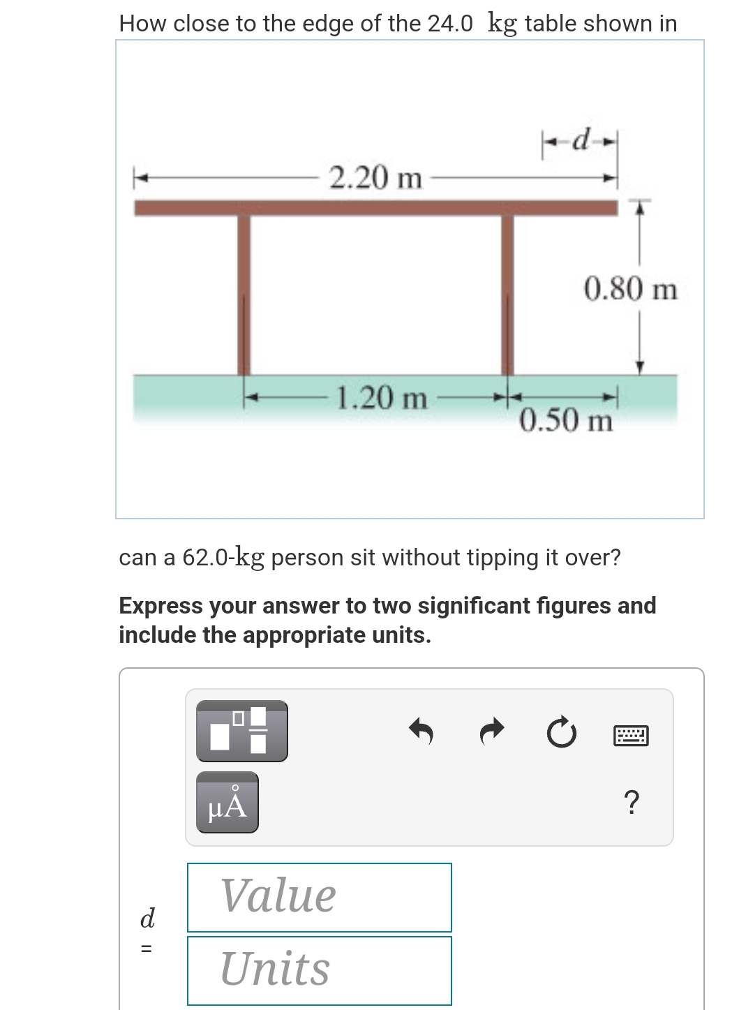 How close to the edge of the 24.0 kg table shown in
d
=
2.20 m
μA
1.20 m
can a 62.0-kg person sit without tipping it over?
Express your answer to two significant figures and
include the appropriate units.
Value
Units
-d-
0.80 m
0.50 m
www.
?