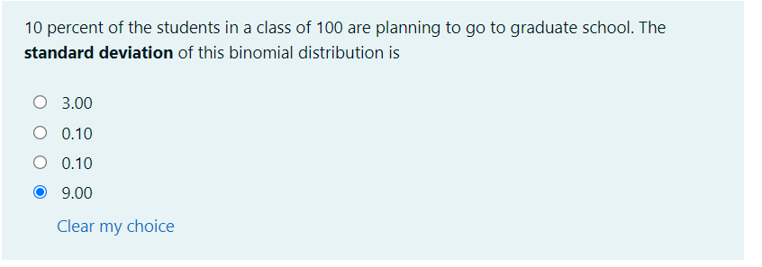 ### Quiz Question: Standard Deviation in Binomial Distribution

10 percent of the students in a class of 100 are planning to go to graduate school. The *standard deviation* of this binomial distribution is:

- ○ 3.00
- ○ 0.10
- ○ 0.10
- ● 9.00

[Clear my choice]

In the provided multiple-choice question, you are asked to determine the standard deviation of a binomial distribution where 10 percent of a class of 100 students are planning to attend graduate school. The correct answer is highlighted with a filled-in circle: **9.00**.