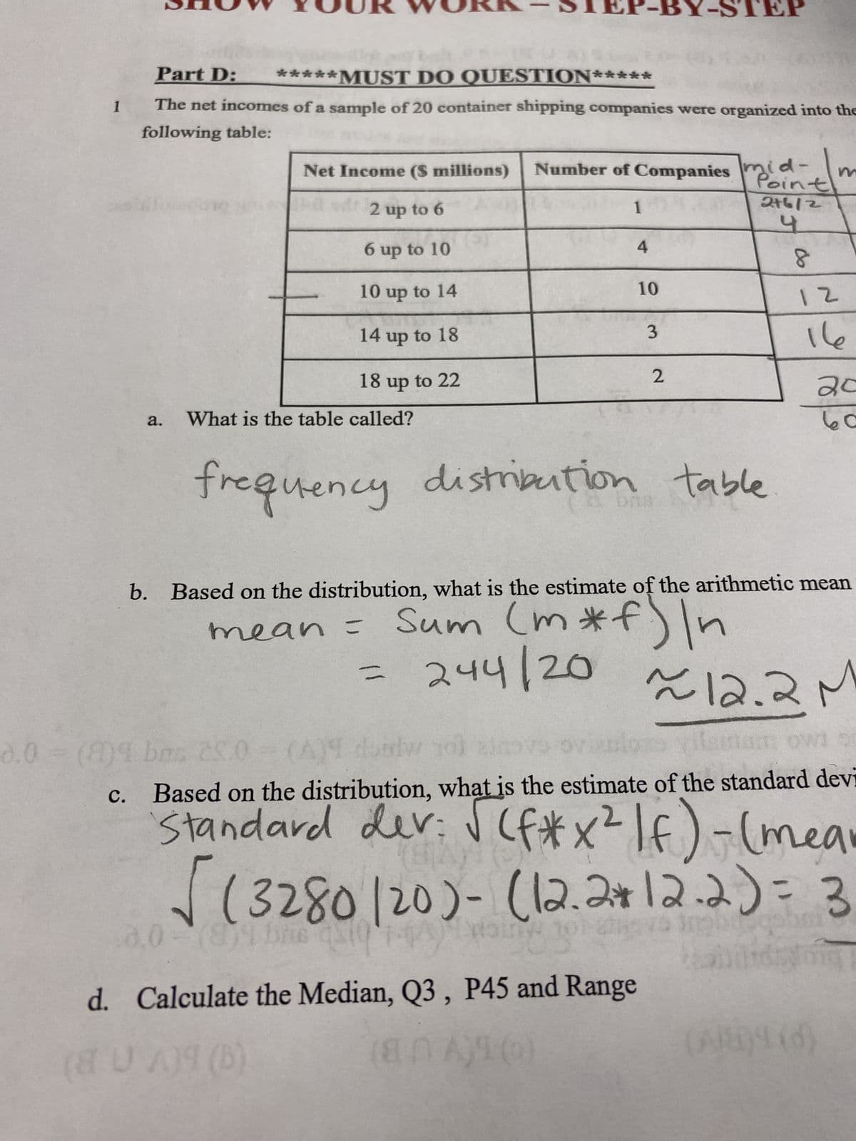 1
0.0 = (8)
c.
Part D: *****MUST DO QUESTION*****
The net incomes of a sample of 20 container shipping companies were organized into the
following table:
a.
Net Income ($ millions)
halt 2
2 up to 6
6 up to 10
10 up to 14
14 up to 18
18 up to 22
What is the table called?
Number of Companies mid-
Point
2+6/2
4
1
4
10
piny
3
frequency distribution table
EP
2
DAS
8
12
16
b. Based on the distribution, what is the estimate of the arithmetic mean
mean = Sum (m*f) \n
= 244/20
20
60
bos 200- (A) duid
iw 101 21
a vilsmum OW] DO
Based on the distribution, what is the estimate of the standard devi
Standard dev: √(f*x² /f) - (mean
√(3280 120)- (12.212.2) = 3
0.0-(8)4 bre qu10
song
d. Calculate the Median, Q3, P45 and Range
(8 U A)9 (6)
(NA)¶()
~12.2 M
(A/S)4 (6)