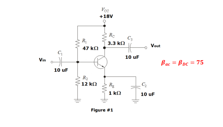 Vcc
+18V
Rc
C3
3.3 КQ
R1
Vout
47 k2
10 uF
Vin
Bac = Bpc = 75
%3D
10 uF
R2
12 kN
C2
RE
1 k.
10 uF
Figure #1
