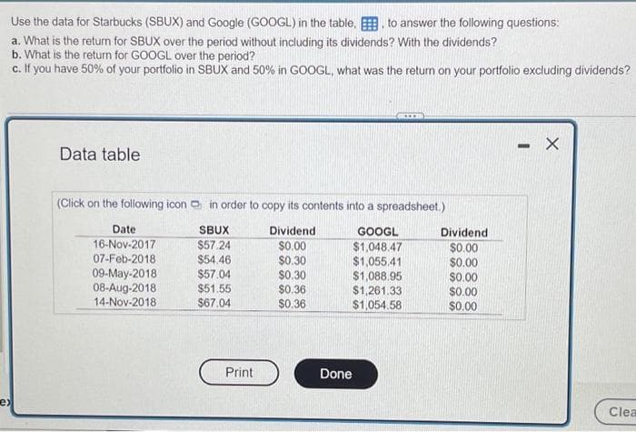 Use the data for Starbucks (SBUX) and Google (GOOGL) in the table, to answer the following questions:
a. What is the return for SBUX over the period without including its dividends? With the dividends?
b. What is the return for GOOGL over the period?
c. If you have 50% of your portfolio in SBUX and 50% in GOOGL, what was the return on your portfolio excluding dividends?
ex
Data table
(Click on the following icon in order to copy its contents into a spreadsheet.)
SBUX
Dividend
GOOGL
$57.24
$0.00
$1,048.47
$54.46
$0.30
$1,055.41
$57.04
$0.30
$51.55
$0.36
$67.04
$0.36
Date
16-Nov-2017
07-Feb-2018
09-May-2018
08-Aug-2018
14-Nov-2018
Print
$1,088.95
$1,261.33
$1,054.58
Done
Dividend
$0.00
$0.00
$0.00
$0.00
$0.00
- X
Clea