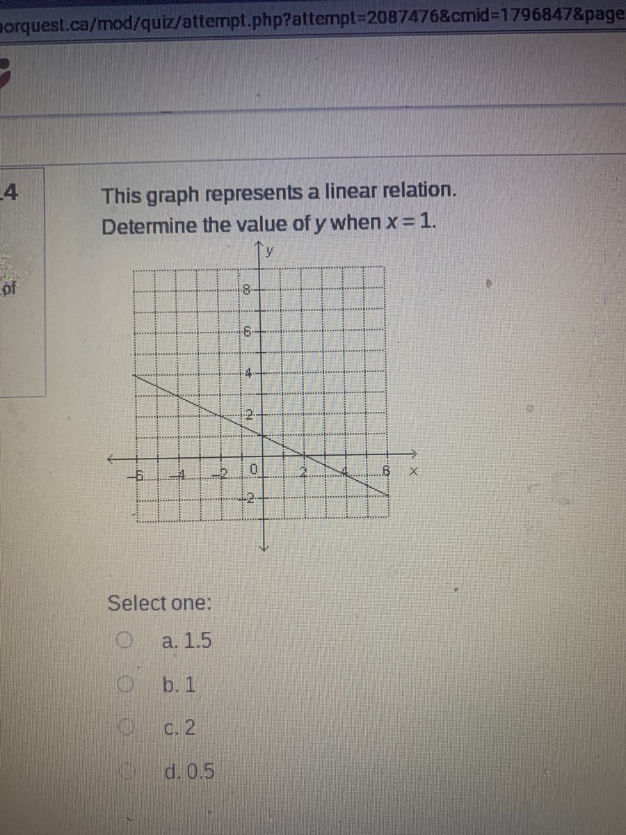 orquest.ca/mod/quiz/attempt.php?attempt3D2087476&cmid%3D1796847&page
4
This graph represents a linear relation.
Determine the value of y when x = 1.
of
-8
6-
4.
4.
.B
Select one:
a. 1.5
b. 1
C. 2
0d. 0.5
