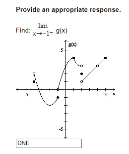 Provide an appropriate response.
lim
Find: 1gx)
Ex)
+>
5 x
5
DNE
