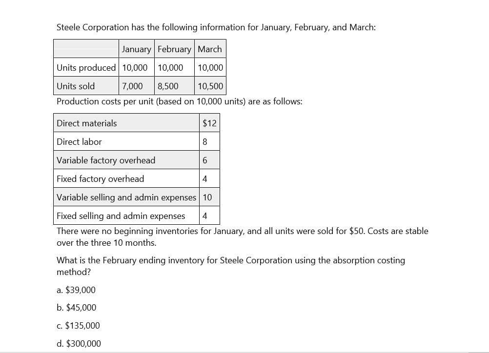 Steele Corporation has the following information for January, February, and March:
January February March
Units produced 10,000 10,000
10,000
Units sold
7,000 8,500
10,500
Production costs per unit (based on 10,000 units) are as follows:
Direct materials
$12
Direct labor
8
Variable factory overhead
6
Fixed factory overhead
4
Variable selling and admin expenses 10
Fixed selling and admin expenses
4
There were no beginning inventories for January, and all units were sold for $50. Costs are stable
over the three 10 months.
What is the February ending inventory for Steele Corporation using the absorption costing
method?
a. $39,000
b. $45,000
c. $135,000
d. $300,000