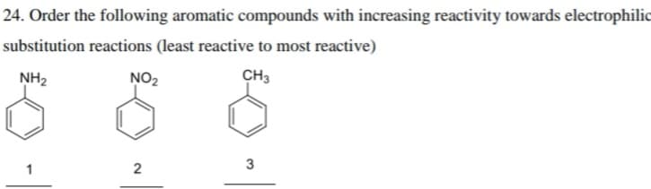 24. Order the following aromatic compounds with increasing reactivity towards electrophilic
substitution reactions (least reactive to most reactive)
NH2
NO2
CH3
2
